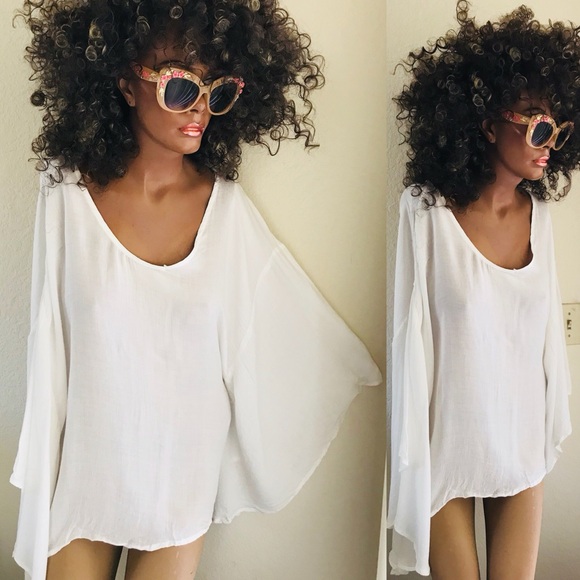 Fabulous Lightweight White Angel Sleeve Caftan Resort Cruise Blouse Size Large - Picture 4 of 10